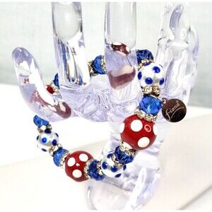 Fiona Polka Dot Red White Blue Glass Bead Strech 6-3/4 " Bracelet
